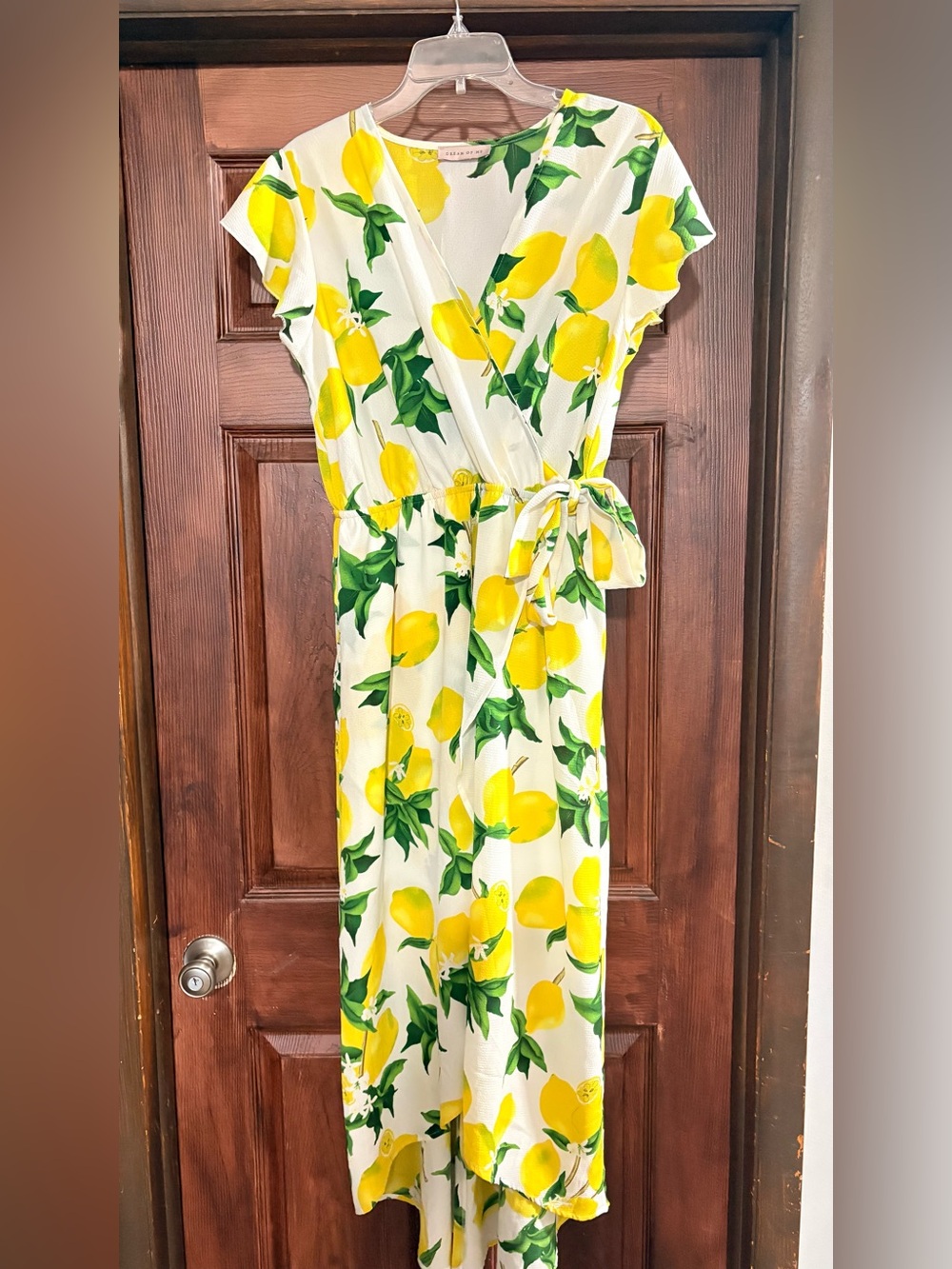 Lemon-Print Wrap High-Low Dress in Yellow & Green